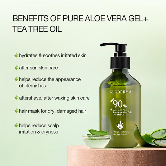 Aloderma Organic Aloe Vera Gel for Skin + Tea Tree Oil, Made within 12 Hours of Harvest, Soothing Pure Aloe Vera Gel for Face, Works Great for Scalp, Acne & Aftershave, All Natural Aloe Gel - 10.6 Oz