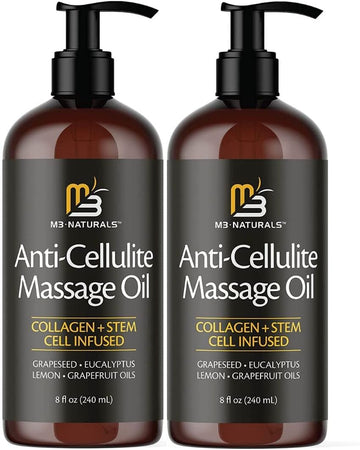 Anti Cellulite Massage Oil Infused with Collagen & Stem Cell Instant Toning Firming of Cellulite & Scar Remover for Thighs & Body Relaxing Sore Muscle Massage Therapy Cream by M3 Naturals (2 Pack)
