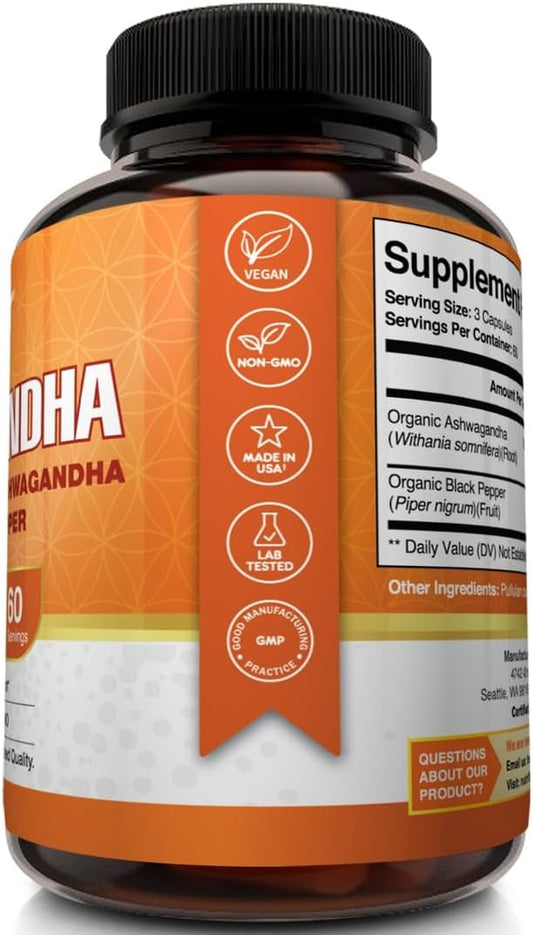Nutriflair Organic Ashwagandha Root Extract 1950Mg, 180 Capsules - With Organic Black Pepper - Stress And Mood Support - Powerful Adaptogenic Benefits And Overall Health - Made In Usa