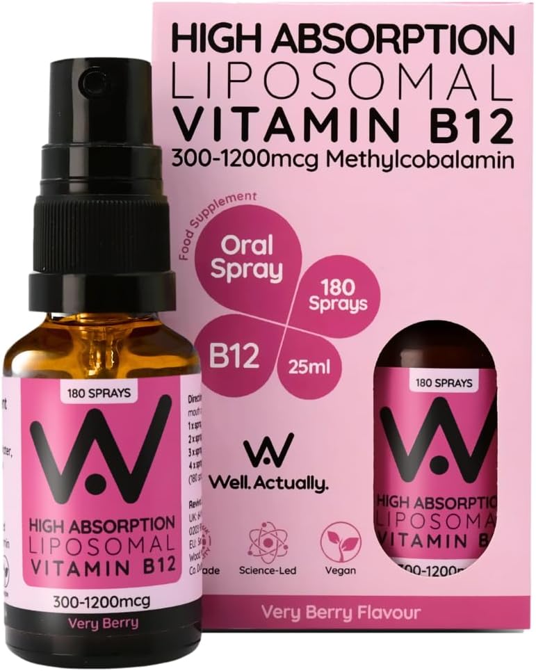 Well Actually Liposomal Vitamin B12 Spray 1200Mcg - High Bioavailability High Absorption Vegan B12 Methylcobalamin Oral Spray For Energy, Brain, Immunity - Very Berry (180 Sprays)
