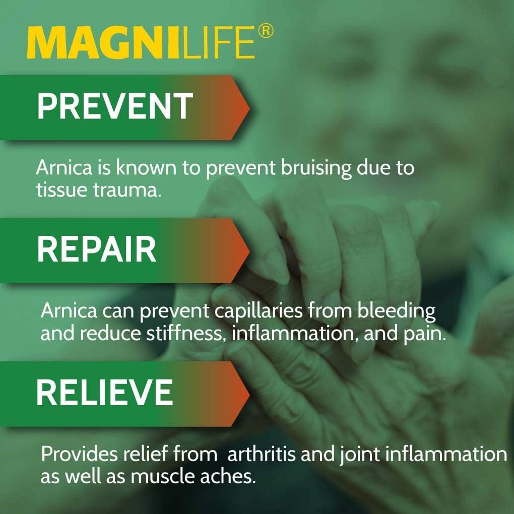 MagniLife Arnica Pain Relief Gel, Fast Acting Neck and Back Pain Relief, with Eucalyptus and Emu Oil to Soothe Soreness, Inflammation and Discomfort - 4oz : Health & Household