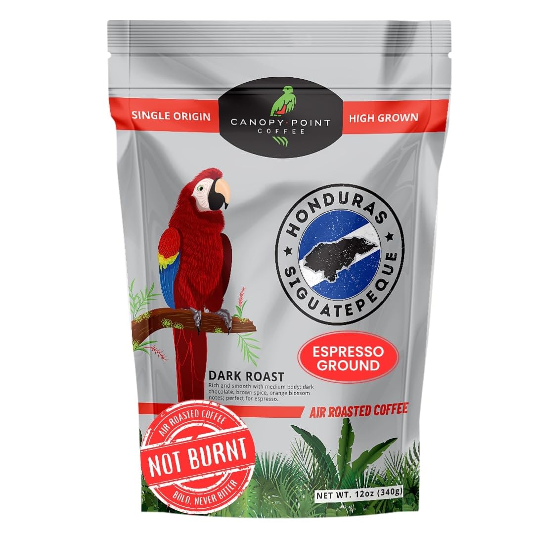 Canopy Point Coffee Honduras Dark Roast | Espresso Ground Coffee for smooth Espresso & Moka Pot| Arabica specialty small batch roasted to order with strong chocolate notes & aroma | Non-Toxic Air Roasted French Roast (Fine Grind, 12oz)