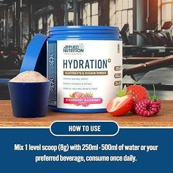 Applied Nutrition Hydration+ Electrolytes and Vitamin Powder Sugar-Free Hydration Drink Mix for Energy Recovery and Electrolyte Replenishment - Strawberry Raspberry - 240g (30 Servings) : Amazon.co.uk: Grocery