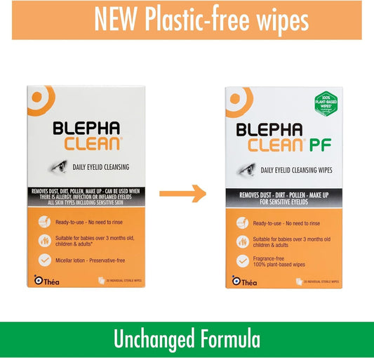 Blephaclean PF Daily Eyelid Wipes - Gentle Cleansing for the eyelids and skin around the eyes | Suitable for Babies (over 3 months old), children & adults | 20 Sterile Plastic-Free Wipes