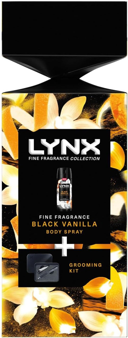 Lynx Fine Fragrance Black Vanilla 72Hrs High Infused Fragrance Deodorant Body Spray With Plam Orange & Sandalwood Scent Gift Set For Him With Grooming Kit,2Pk