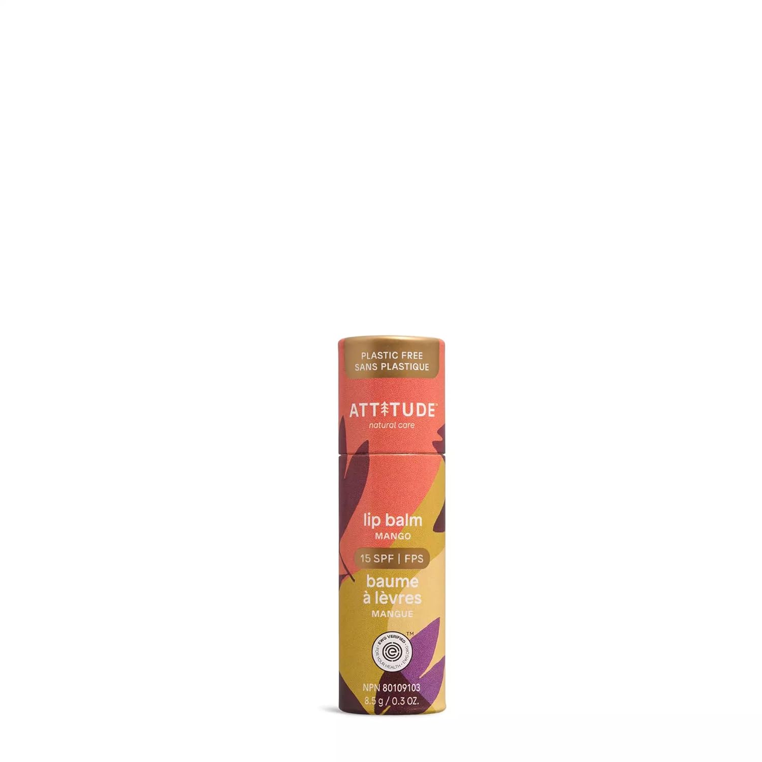 Attitude Plastic-Free Lip Balm With Sun Protection Spf 15, Ewg Verified, Plant- And Mineral-Based Ingredients, Vegan And Cruelty-Free, Mango, 0.3 Oz