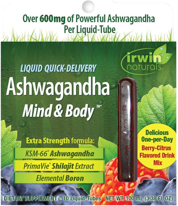 Irwin Naturals Liquid Quick-Delivery Ashwagandha Mind & Body - 10 Liquid-Tubes - Boosts Physical & Mental Performance - One-Per-Day Berry-Citrus Flavored Drink Mix