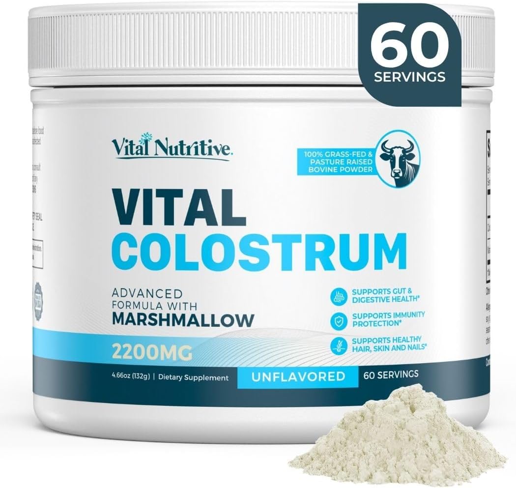 Vital Colostrum Powder For Gut And Immune Support High Igg Content Grass-Fed Bovine Source Organic Colostrum,Unflavored Powder, Non-Gmo,Gluten-Free, Made In Usa - 60 Servings