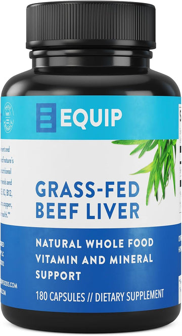 Equip Foods Grass-Fed Beef Liver - Natural Desiccated Beef Liver Supplement - Support Heart Health, Brain Function, Digestion, Metabolism, Immunity, Detoxification -180 Capsules