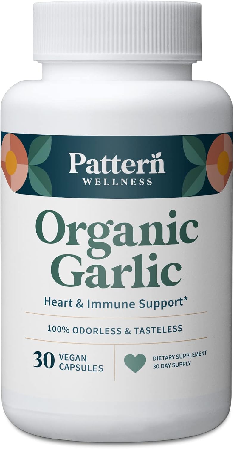 Pattern Wellness Odorless Organic Garlic - 1000Mg - Healthy Immune, Circulatory & Cardiovascular Support - Happy & Healthy Heart - Non-Gmo & Gluten Free - 30 Vegan Capsules