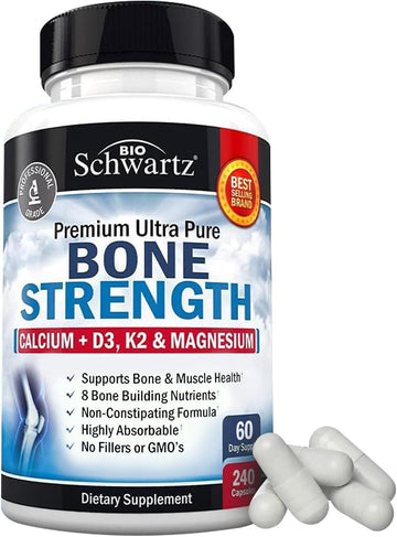 Bone Strength Supplement With Calcium Magnesium Vitamin D3 K2 Zinc (60 Day Supply) 8 Bone Building Nutrients For Bone & Muscle Support - High Absorption Non-Constipating Formula - 240 Veggie Capsules