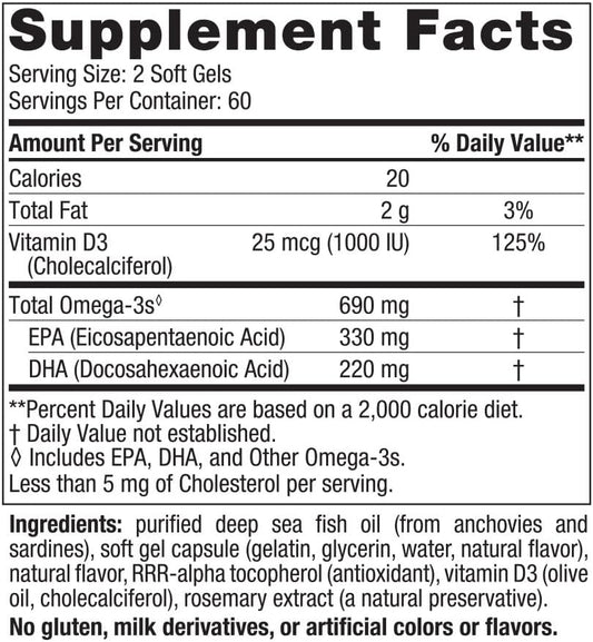 Nordic Naturals Omega-3D, Lemon Flavor - 120 Soft Gels - 690 mg Omega-3 + 1000 IU Vitamin D3 - Fish Oil - EPA & DHA - Immune Support, Brain & Heart Health, Healthy Bones - Non-GMO - 60 Servings