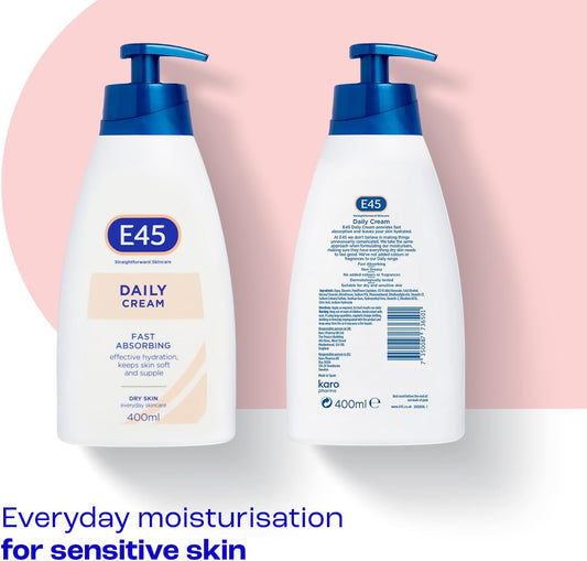 E45 Daily Cream 400 ml – E45 Cream for Very Dry Skin – Sooth Dryness, Smooth Rough Skin – Non-Greasy Moisturiser - Perfume-Free Body Face Hand Cream - Fast Absorption - Dermatologically Tested