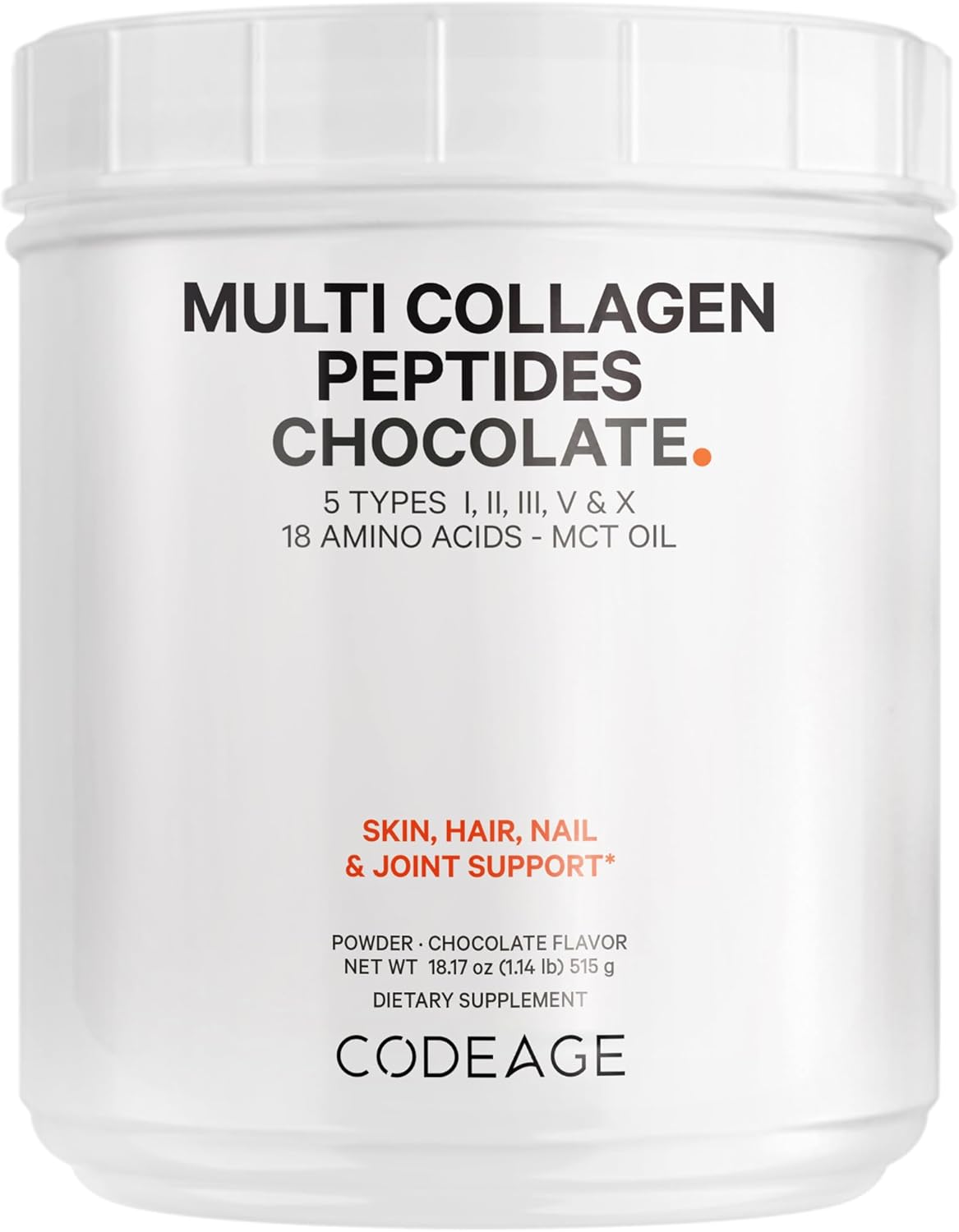 Codeage Multi Collagen Chocolate Protein Powder, Hydrolyzed Collagen Peptides, 5 Collagen Types, Collagen Creamer, Protein Shakes, Mct Oil, Hair, Skin, Nails, Joints, Grass-Fed, Non-Gmo - 18.17 Oz