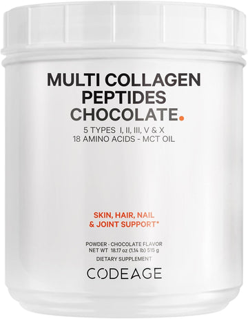 Codeage Multi Collagen Chocolate Protein Powder, Hydrolyzed Collagen Peptides, 5 Collagen Types, Collagen Creamer, Protein Shakes, Mct Oil, Hair, Skin, Nails, Joints, Grass-Fed, Non-Gmo - 18.17 Oz