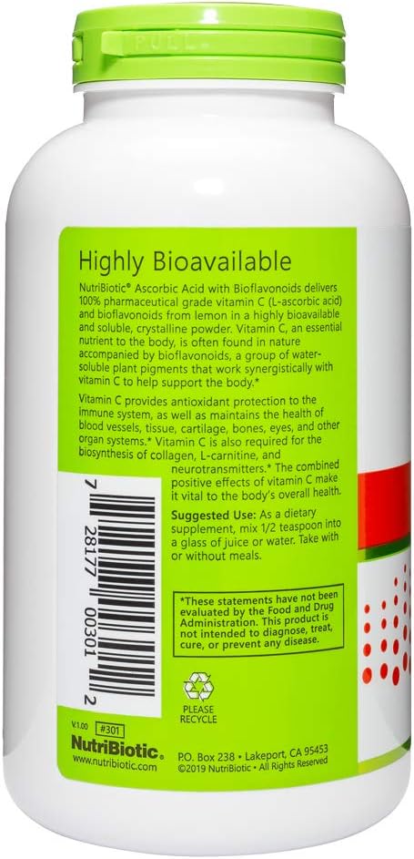 NutriBiotic - Ascorbic Acid With Bioavonoids Powder, 1 | Highly Soluble Antioxidant & Collagen Support Supplement | 2000 Mg Vitamin C with Lemon Bioavonoid Complex | Vegan, Gluten & GMO-Free