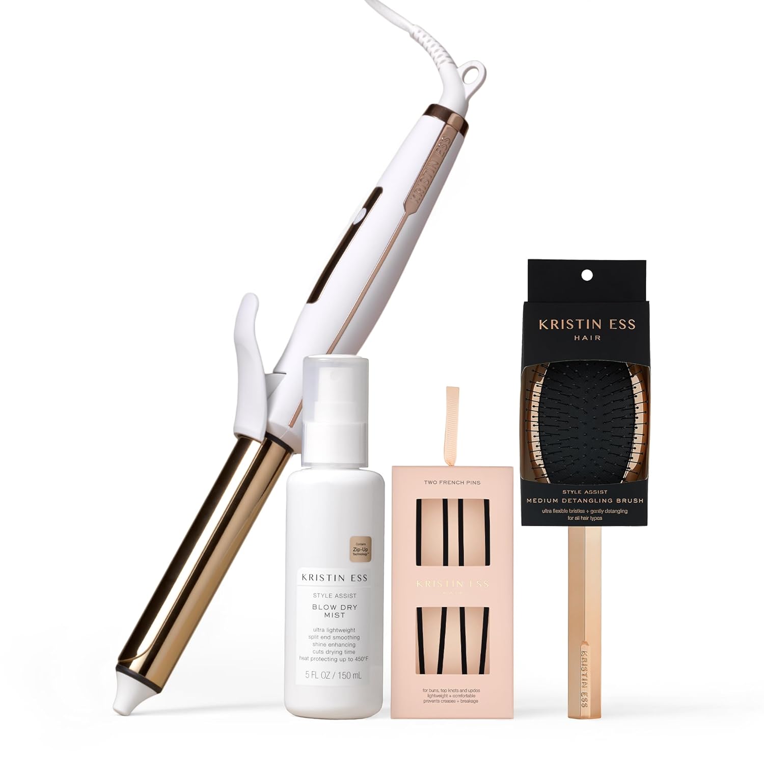 Kristin Ess Hair 1 Inch Titanium Curling Iron + Style Assist Blow Dry Heat Protectant Spray For Beach Waves + Detangling Brush + Matte Black French Pin Set Of 2