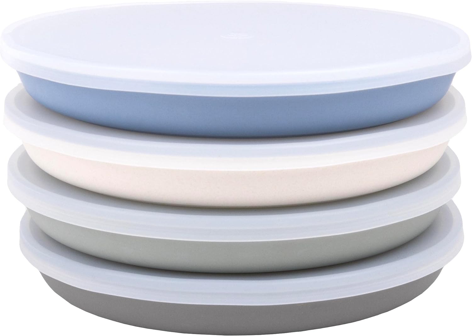 WeeSprout Bamboo Plates with Lids, Set of 4 Bamboo Plates for Kids, Kid-Sized Design, Bamboo Kids Plates with Lids for Leftovers, Dishwasher Safe (Blue, Green, Gray, & Beige)