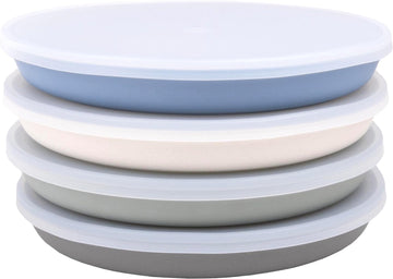 WeeSprout Bamboo Plates with Lids, Set of 4 Bamboo Plates for Kids, Kid-Sized Design, Bamboo Kids Plates with Lids for Leftovers, Dishwasher Safe (Blue, Green, Gray, & Beige)