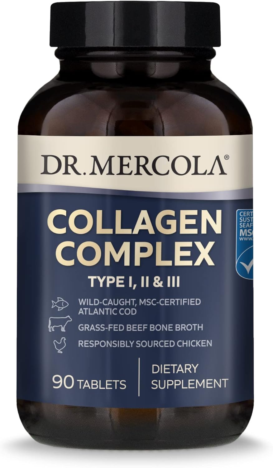 Dr. Mercola Collagen Complex Dietary Supplement, Type I, II and II, 30 Servings (90 Tablets), Non GMO, Gluten Free, Soy Free