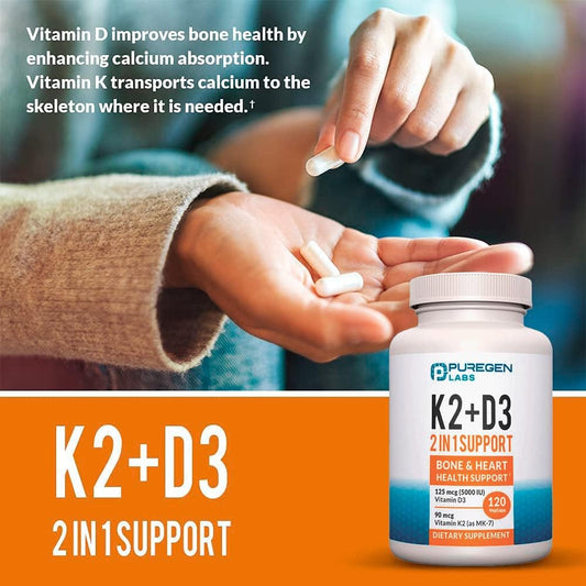 2 in 1 High Potency Formula 90mcg Vitamin K2 (MK7) and 5000 IU Vitamin D3 Supplement for Bone and Heart Health. Non-GMO Formula, Easy to Swallow Vitamin D & K Complex, 120 Capsules I 4-month supply