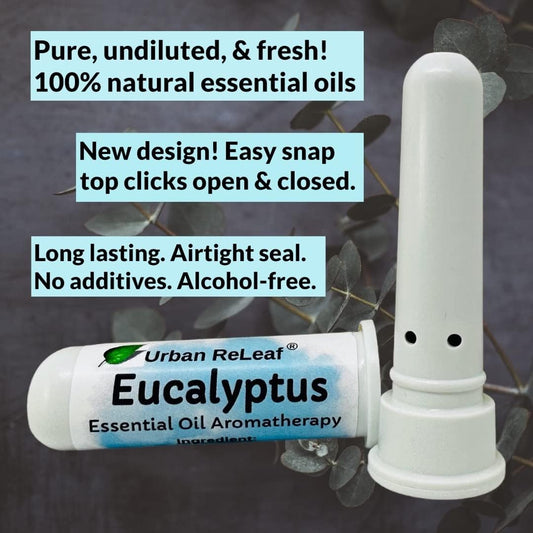 Urban Releaf Eucalyptus Essential Oil Aromatherapy Nasal Inhaler — Pure Undiluted Australian Myrtaceae Oil, Easy Open Snap Top. Made In Usa. Alcohol-Free. No Mess. Pocket Size