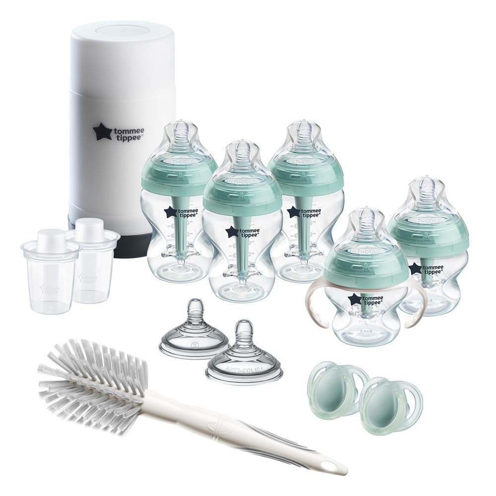 Tommee Tippee Advanced Anti-Colic Ready For Baby Bottle Set, 5Oz And 9Oz Self-Sterilizing Bottles, Slow And Medium Flow Nipples, 0-6 Month Pacifiers, Travel Bottle Warmer, Removable Bottle Handles
