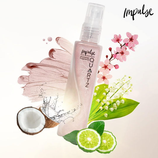 Impulse Quartz Body Shimmer Spray | Sea Breeze, Bergamot And Cherry Blossom Fragrance Body Mist Infused With Coconut Water | For Nourished And Glowy Skin | Festival Glitter Essentials | 100Ml