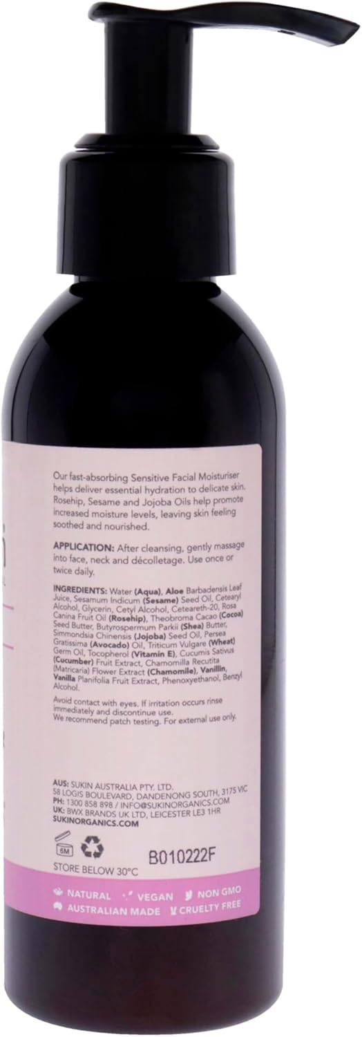 Sukin Sensitive Facial Moisturiser 125Ml - With Essential Oils; Cruelty Free & Vegan Friendly -Fast-Absorbing To Reduce The Likelihood Of A Reaction For Dry Skin