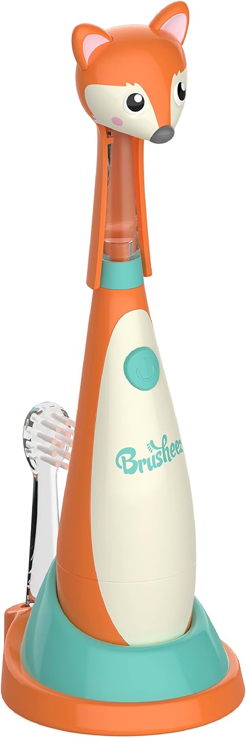 Brusheez Little Toddlers Sonic Toothbrush - Safe & Gentle Toothbrush for Ages 1-3 with Built-in, Light-Up 2-Minute Timer, Extra Brush Head, & Storage Base for First-Time Brushers (Fuzzy The Fox)