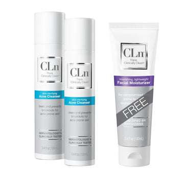 Cln® Acne Bundle - (2) Acne Cleanser 3.4Oz & (1) Facial Moisturizer 3.4Oz - Soothes & Calms Skin, Helps Reduce Appearance Of Redness, Locks In Moisture Without Clogging Pores