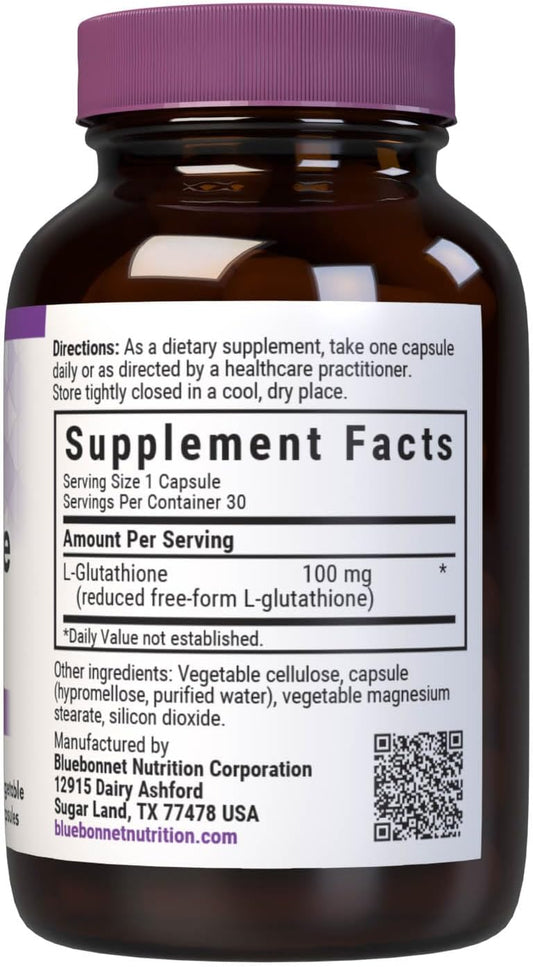Bluebonnet Nutrition L-Glutathione 100Mg, Free-Form Amino Acid, For Free Radical Protection, Soy-Free, Gluten-Free, Non-Gmo, Kosher Certified, Vegan, 30 Vegetable Capsules, 30 Servings