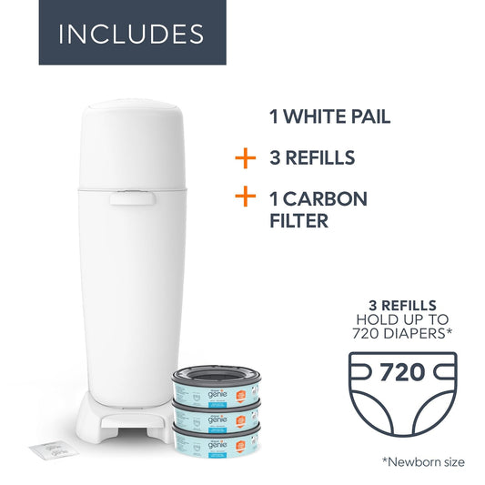 Diaper Genie Complete Pail (White) | Includes 3 Refills That Hold Up To 810 Newborn-Size Diapers | Includes 1 Carbon Filter