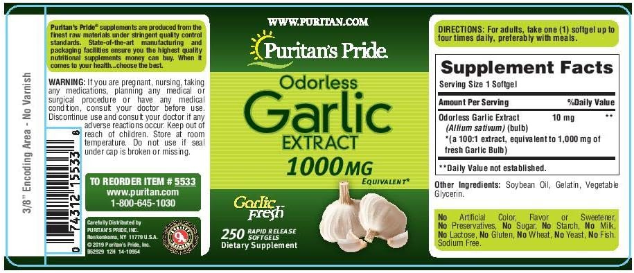 Puritan's Pride Odorless Garlic 1000 Mg Rapid Release Softgels, 250Count : Health & Household