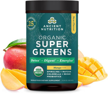 Ancient Nutrition Supergreens Powder With Probiotics, Organic Mango Flavor Greens, Made From Real Fruits, Vegetables And Herbs, Digestive And Energy Support, 25 Servings, 6.8Oz