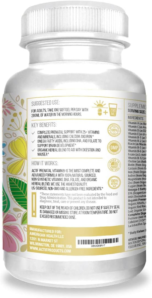 Actif Organic Prenatal Vitamin With 25+ Organic Vitamins, 100% Natural, Dha, Epa, Omega 3, And Organic Herbal Blend - Non-Gmo, 90 Count