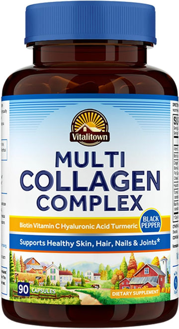 Vitalitown Multi Collagen Complex, Type I, Ii, Iii With Biotin, Vitamin C, Hyaluronic Acid, Turmeric, Black Pepper For Skin, Hair, Nails & Joints, 90 Capsules, Non-Gmo