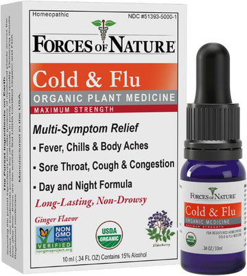 Forces Of Nature Cold & Cough Relief, Organic Homeopathic Medicine For Cough, Congestion, Body Aches, Headache, Chills & Fatigue, Maximum Strength, Non-Drowsy Formula, 10Ml (0.34 Fl Oz)