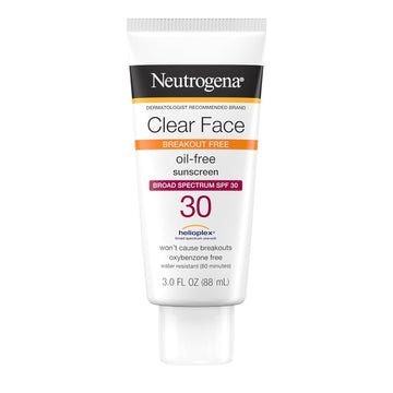 Neutrogena Clear Face Liquid Sunscreen For Acne-Prone Skin, Broad Spectrum Spf 30 Sunscreen Lotion With Helioplex, Oxybenzone-Free, Oil-Free, Fragrance-Free; Non-Comedogenic, 3 Fl. Oz