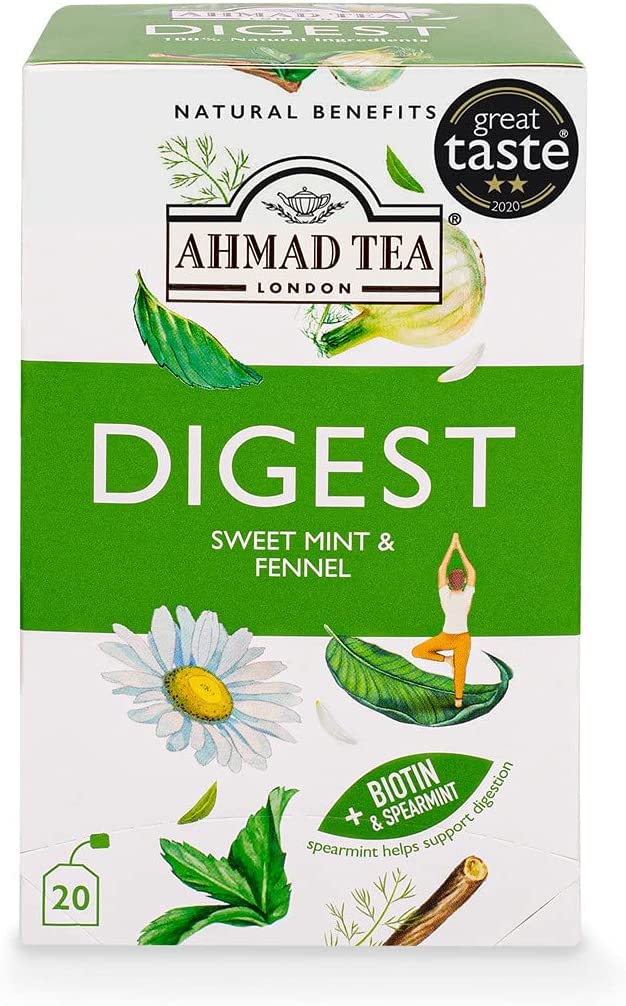 Ahmad Tea Herbal Tea, Sweet Mint, Fennel & Biotin 'Digest' Natural Benefits Teabags, 20 Ct (Pack Of 6) - Decaffeinated & Sugar-Free