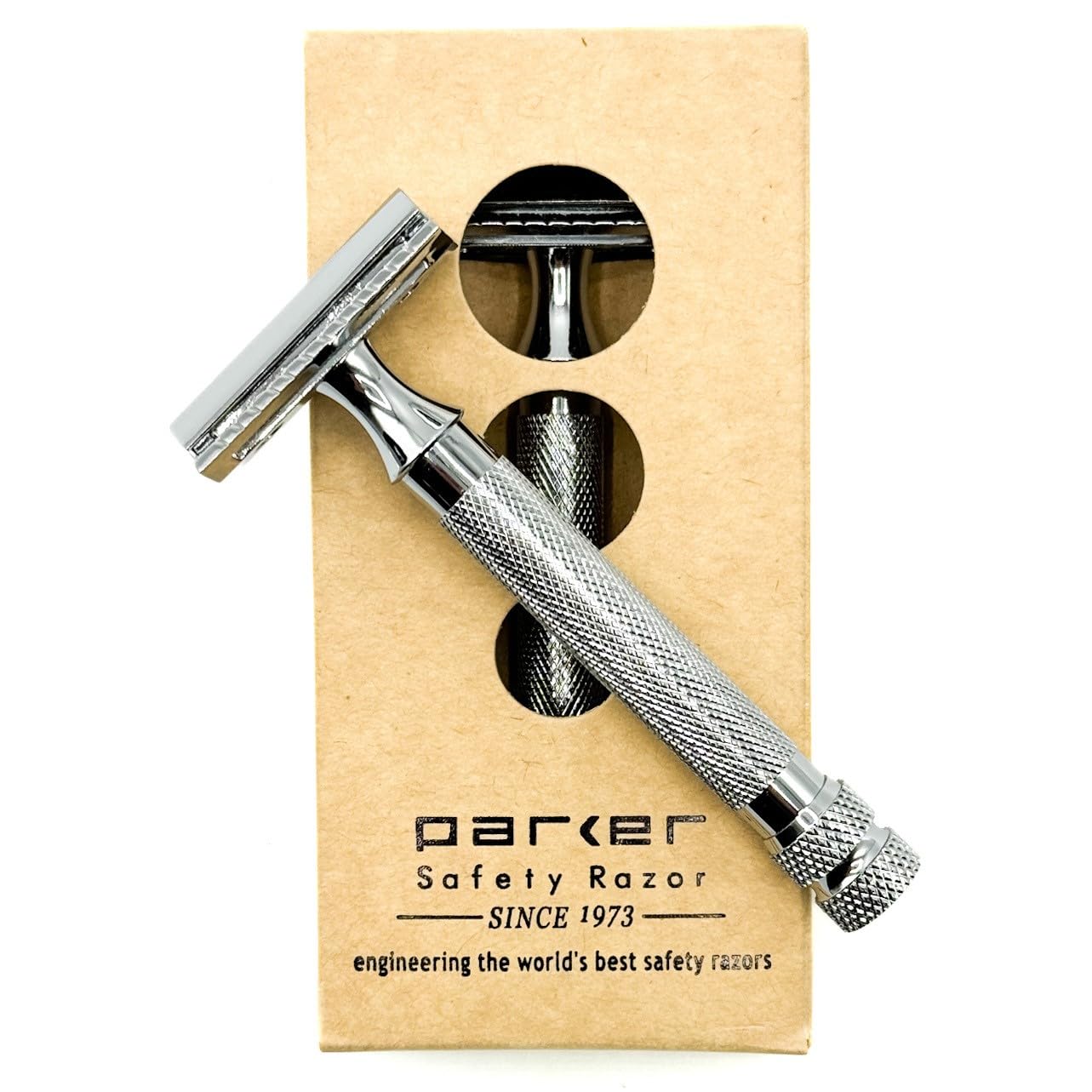 Parker 91R Double Edge Safety Razor - Three-Piece Heavyweight Safety Razor With Brass Frame & Chrome Plated Knurled Handle -5 Premium Parker Platinum Double Edge Razor Blades Included