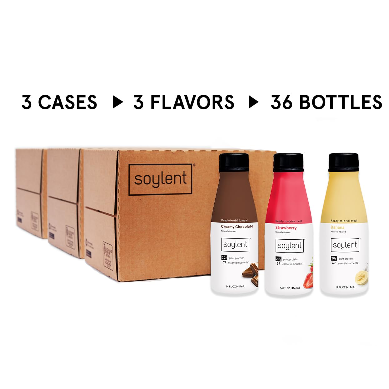 Soylent Meal Replacement Shake Banana Split Bundle - Creamy Chocolate, Banana And Strawberry, 14Oz - 36 Bottles