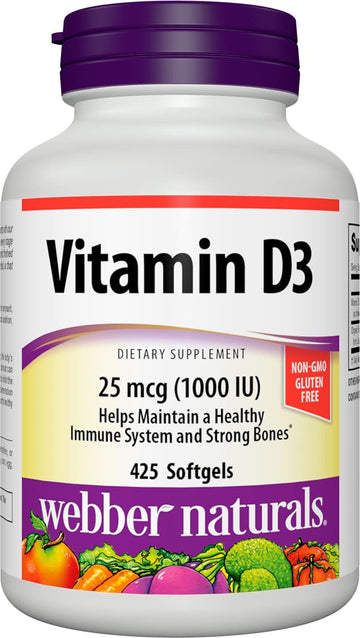 Webber Naturals Vitamin D3 Softgel, 1,000 IU, 425 Count, for Immune Heath and Support for The Development and Maintenance of Bones and Teeth, Non GMO and Gluten Free