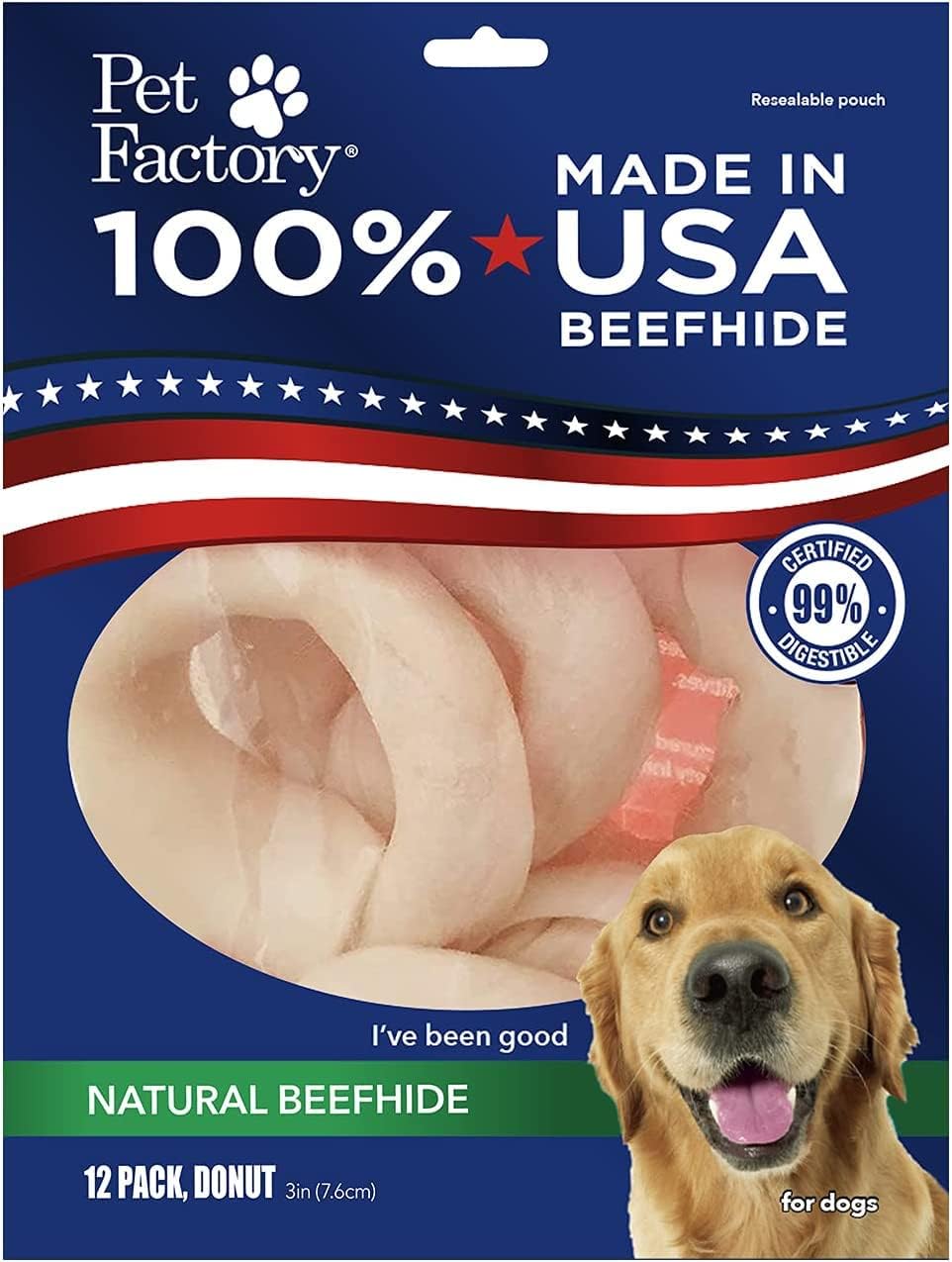 Pet Factory 100% Made In Usa Beefhide 3" Donuts Dog Chew Treats - Natural Flavor, 12 Count/1 Pack