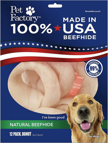 Pet Factory 100% Made In Usa Beefhide 3" Donuts Dog Chew Treats - Natural Flavor, 12 Count/1 Pack