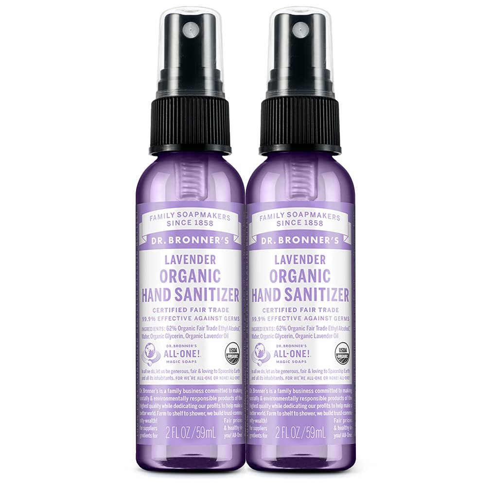 Dr. Bronner's - Organic Hand Sanitizer Spray (Lavender, 2 Ounce, 2-Pack) - Simple and Effective Formula, Cleanses & Sanitizes, No Harsh Chemicals, Moisturizes and Cleans Hands