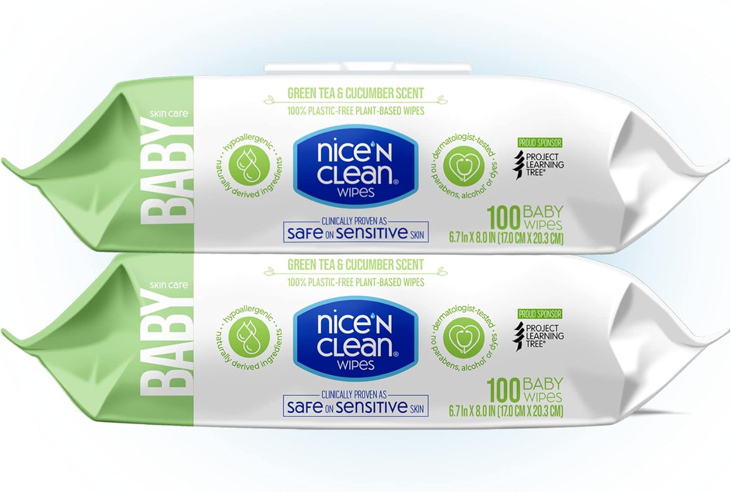 Nice 'N Clean Skin Care Baby Wipes Scented 100Ct (2-Pack) | Safe On Sensitive Skin | Green Tea & Cucumber Scent | 100% Plastic-Free