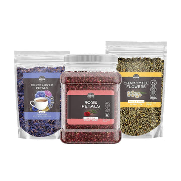 Birch & Meadow Rose, Chamomile, And Cornflower Petals Bundle, Various Sizes, Whole And Dried, Teas & Baked Goods