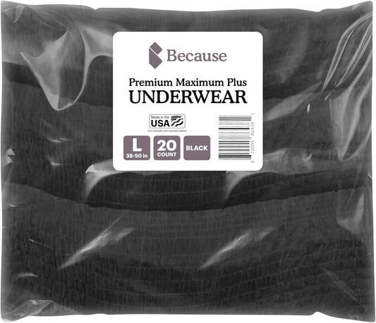 Because Premium Maximum Absorbency Adult Incontinence And Postpartum Bladder Leak Underwear For Women, Heavy Absorbency, Disposable, Black, Large, 20 Count