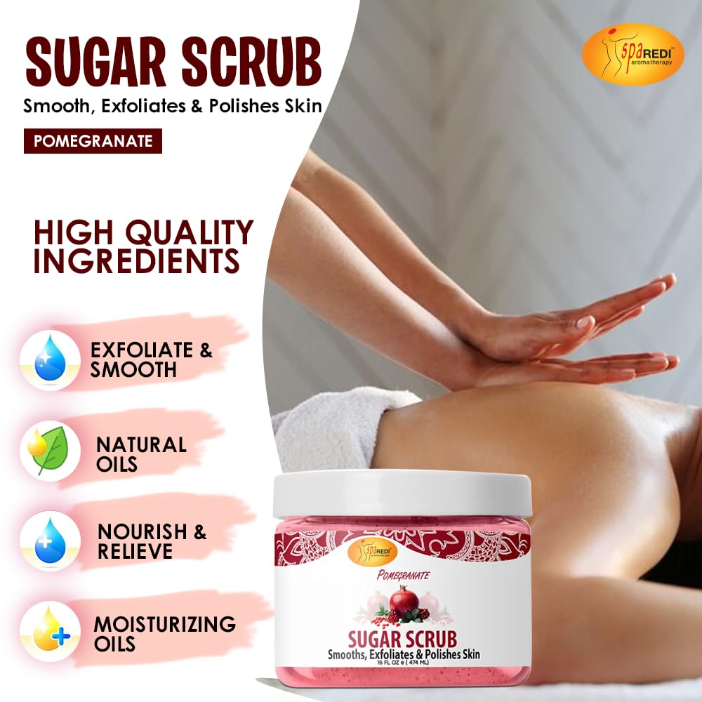 Spa Redi – Sugar Body Scrub, Pomegranate, 16 Oz, Exfoliating, Moisturizing, Hydrating And Nourishing, Glow, Polish, Smooth And Fresh Skin - Body Exfoliator : Beauty & Personal Care